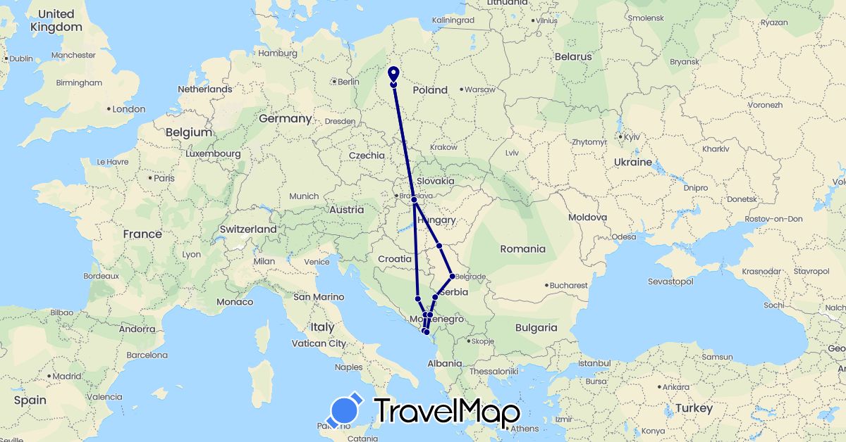 TravelMap itinerary: driving in Bosnia and Herzegovina, Montenegro, Poland, Serbia, Slovakia (Europe)
